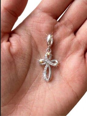 925 Sterling Silver Infinity Cross Dangle Charm Clear CZ - Bracelets / Necklaces